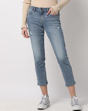Lightly Washed Ankle-Length Straight Fit Jeans