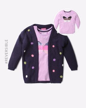 Embroidered Front-Open Cardigan with T-Shirt
