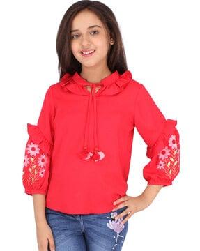 Floral Embroidered Top with Neck Tie