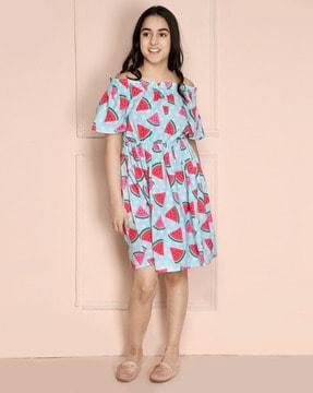 Watermelon Print Off-Shoulder Fit & Flare Dress