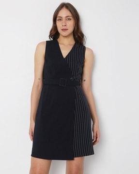 Striped A-Line Mini Blazer Dress with Belt