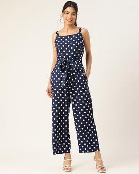 Polka-Dot Print Jumpsuit with Waist Tie-Up