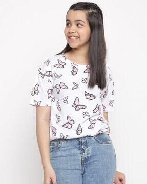 Butterfly Print Round-Neck Top