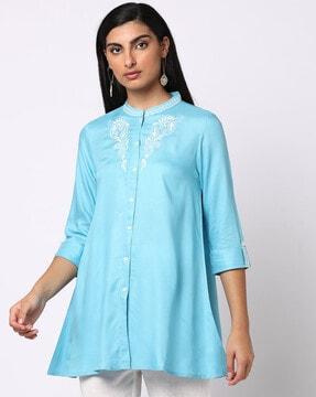 Floral Embroidered Button-Down A-Line Tunic