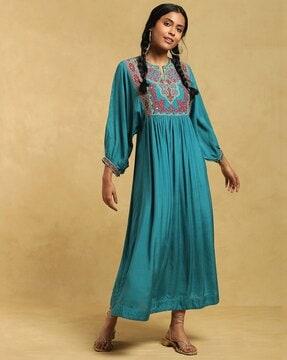 embroidered-balloon-sleeve-fit-&-flared-dress