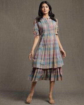 checked-fit-&-flare-layered-dress