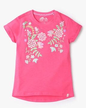 Floral Embroidered Round-Neck T-Shirt