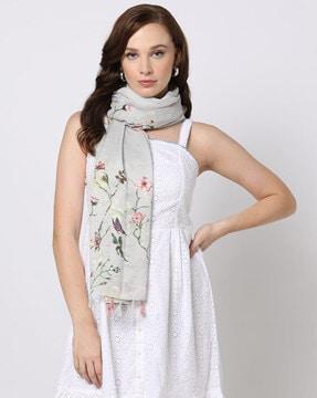Women Floral Print Scarf with Tassels