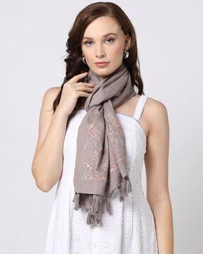 Women Embroidered Scarf with Tassels