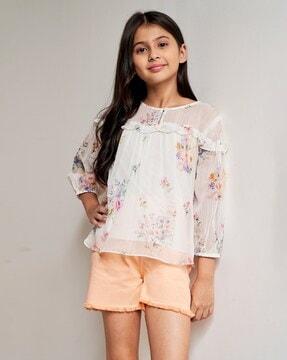 Floral Print Top with Ruffle Accent