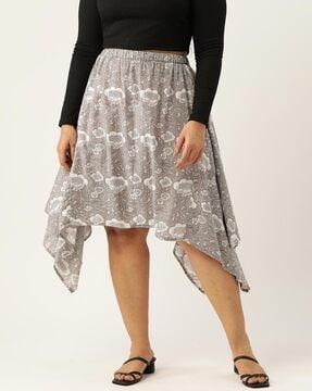 Floral Print A-Line Skirt with Asymmetrical Hem