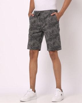 Leaf Print Slim Fit Flat-Front Shorts