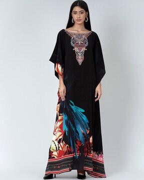 Embellished Print Crew-Neck Kaftan Dress