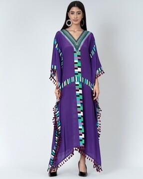 Geometric Printed V-Neck Kaftan Dress with Tassel