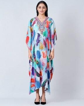 Feather Print Kaftan Dress