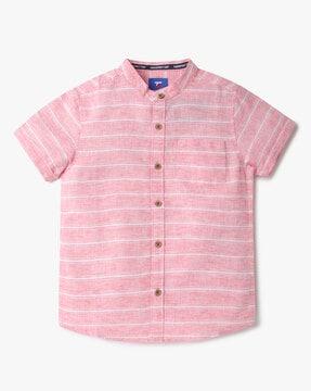 Striped Shirt with Band Collar