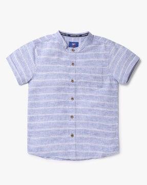 Striped Shirt with Band Collar