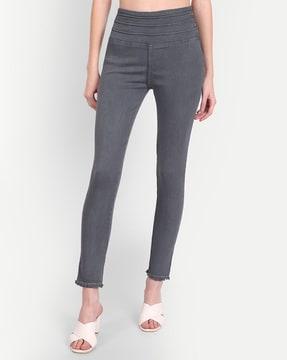 High-Rise Skinny Fit Jeggings with Frayed Hem