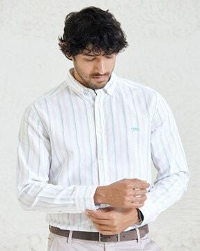 Men Striped Slim Fit Shirt with Button-Down Collar