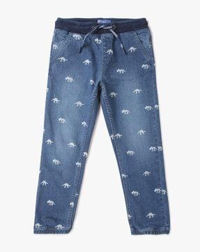 Printed Mid-Wash Jeans with Drawstring
