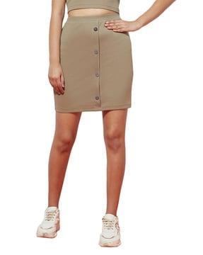 Ribbed Pencil Skirt with Button Accent