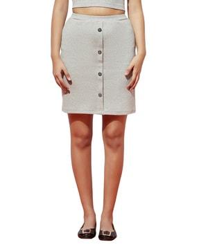 Ribbed Pencil Skirt with Button Accent