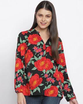 Floral Print Tunic with Mandarin Collar