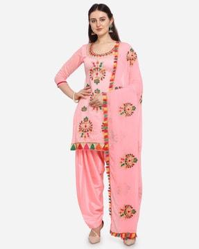 Chanderi Cotton Embroidered Unstitched Dress Material with Pom-Pom Lace