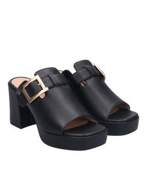 Slip-On Chunky Heeled Sandals with Metal Accent