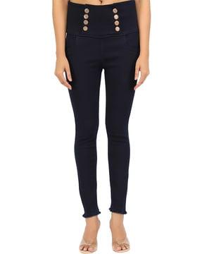 High-Rise Skinny Fit Jeggings with Frayed Hems
