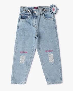 Mid-Wash Relaxed Fit Ripped Jeans with Embroidery