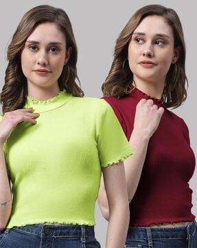Pack of 2 Ribbed Cotton High-Neck Tops