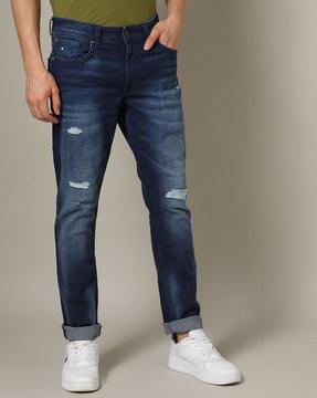 Heavily Washed Distressed Regular Fit Jeans