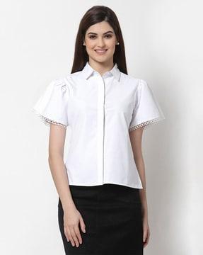 Relaxed Fit Shirt with Peter Pan Collar & Puff Sleeves