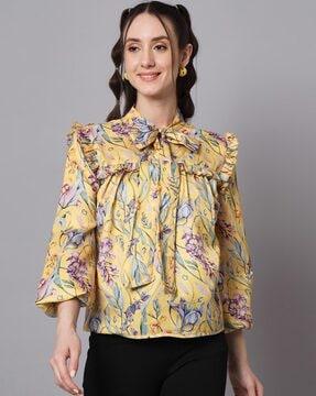 Floral Print Top with Ruffled Neckline