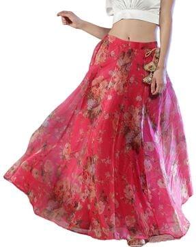 Floral Print Flared Polyester Skirt