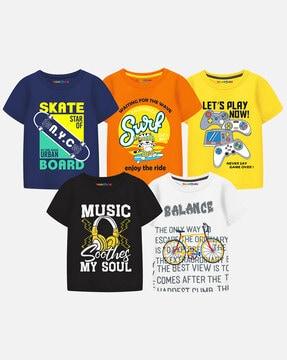Pack of 5 Typographic Print Round-Neck T-Shirts
