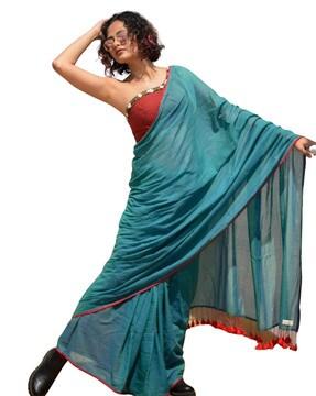Saree with Contrast Border and Tassels