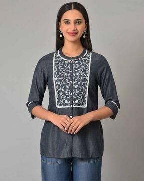 Straight Tunic with Embroidered Yoke