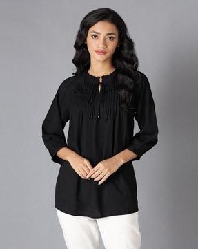 Neck Tie-Up Pintuck Pleated Top