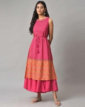 Printed Flared Dress with Tie-Up