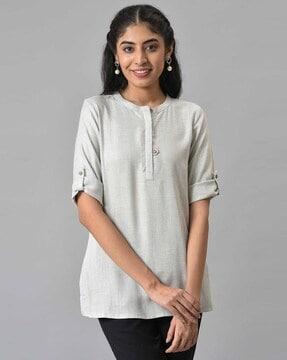 Button Placket Tunic with Curved Hem