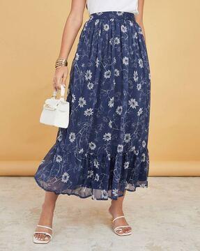 Floral Print A-Line Skirt with Elasticated Waistband