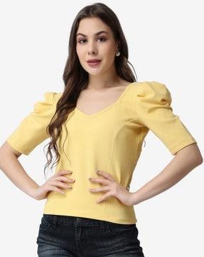 V-Neck Top with Puff Sleeves