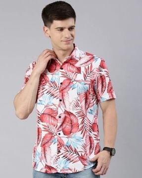 Leaf Print Shirt with Spread Collar
