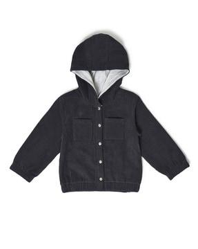 Ribbed Hooded Jacket with Button-Closure