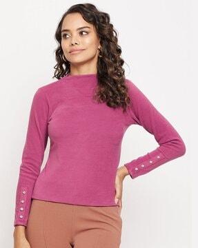 High-Neck Top with Button Sleeves