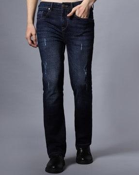 Mid-Wash Distresses Straight Fit Jeans