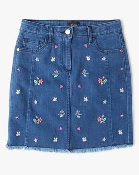 Embroidered Denim Skirt with Frayed Hems