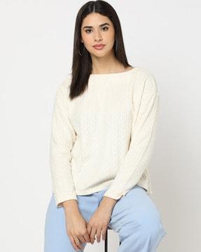 Cable-Knit Pattern Boat-Neck T-Shirt